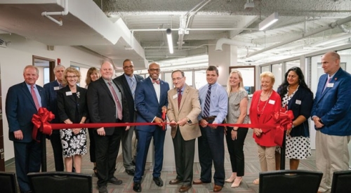 The Venture Lab ribbon cutting ceremony with President Brian O. Hemphill, Ph.D., and members of the Board of Visitors.