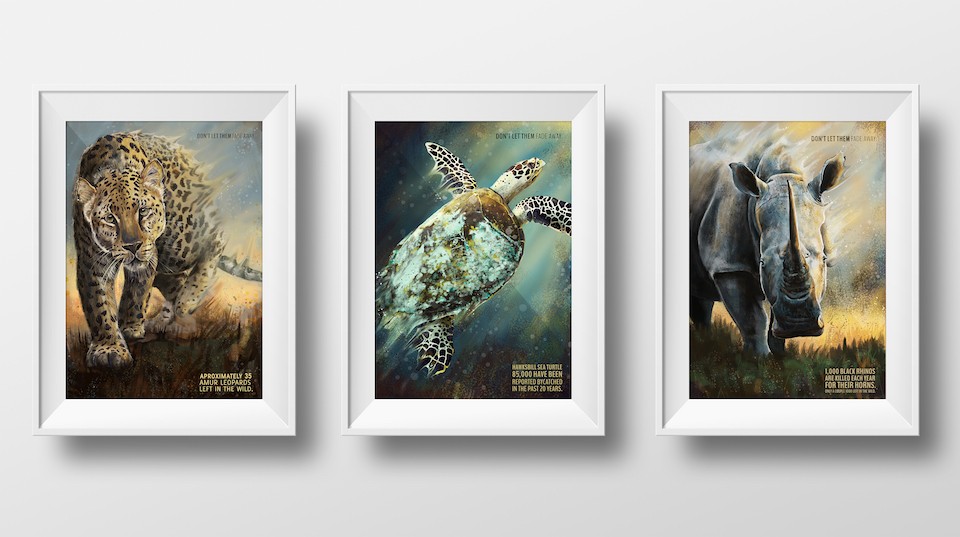 The digital painting series, “Don’t Let Them Fade Away,” focused on the plight of endangered species and focused on three separate animals: the Amur leopard, the Hawksbill sea turtle and the black rhino.