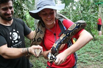One stop on the Radford Amazonian Research Expedition is an animal rehabilitation center, where students interacted with several species of monkeys, a baby sloth and a giant boa constrictor. Photo courtesy of Abby Jones