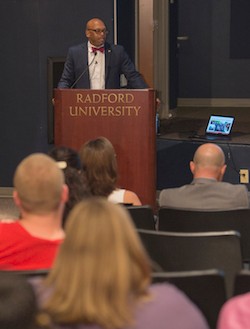 Radford University President Brian O. Hemphill addresses students