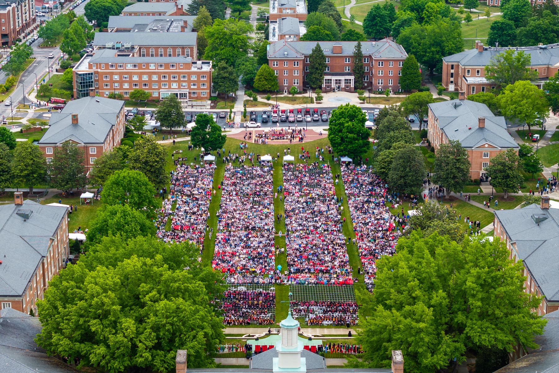 drone shot of campus during commencement