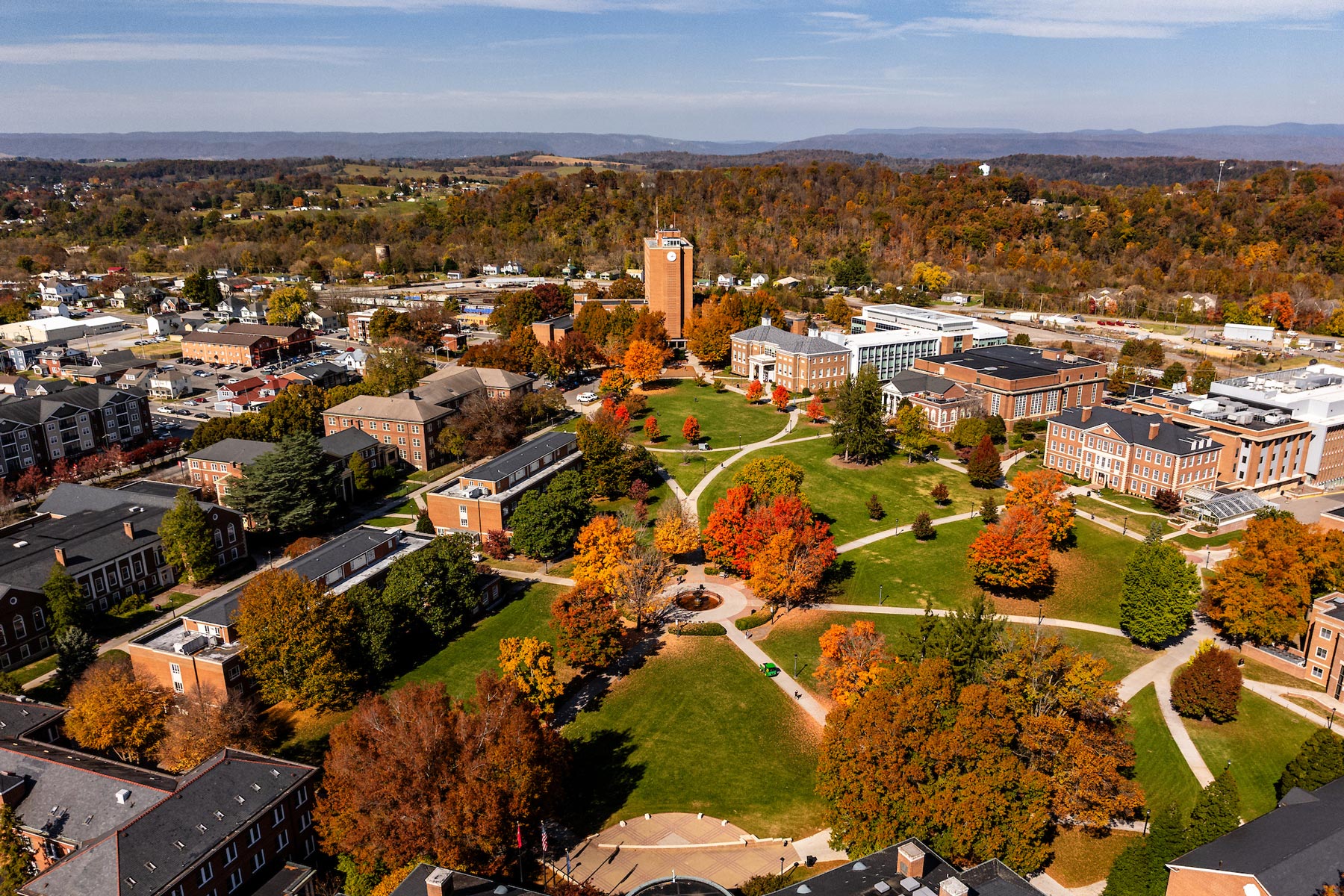 drone shot in the fall of main campus