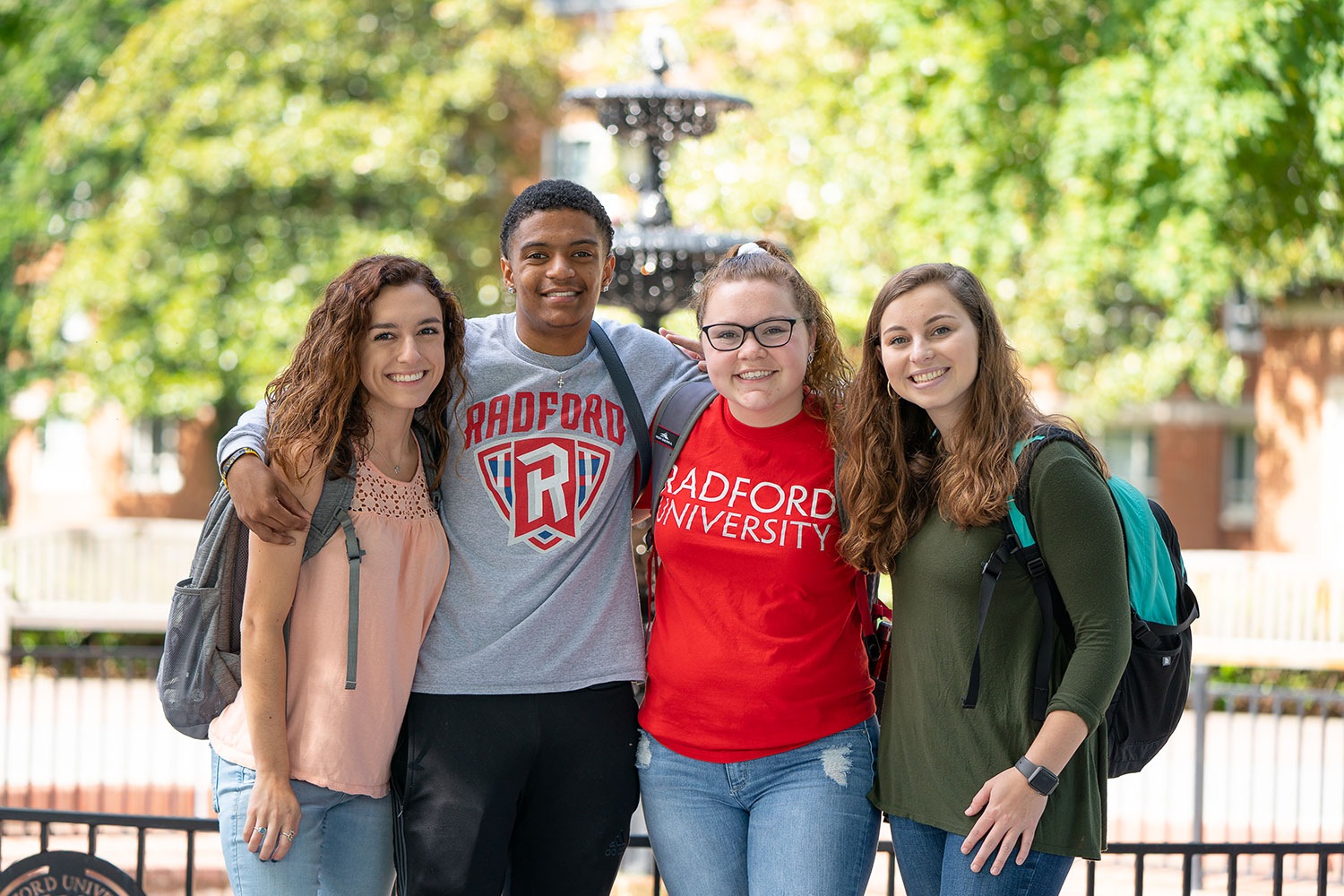 Students in front of the fountain at the center of Radford's campus