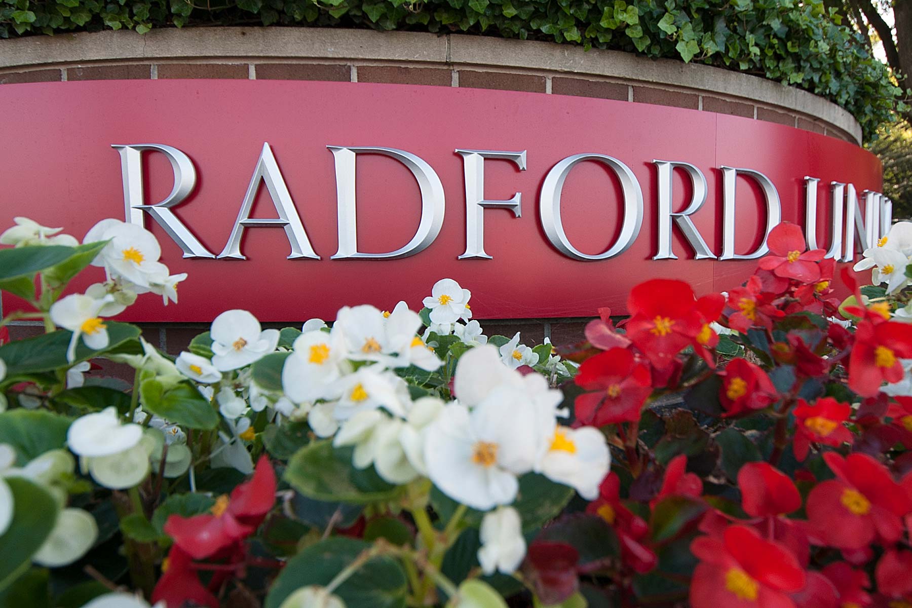 Radford University on a red entrance sign