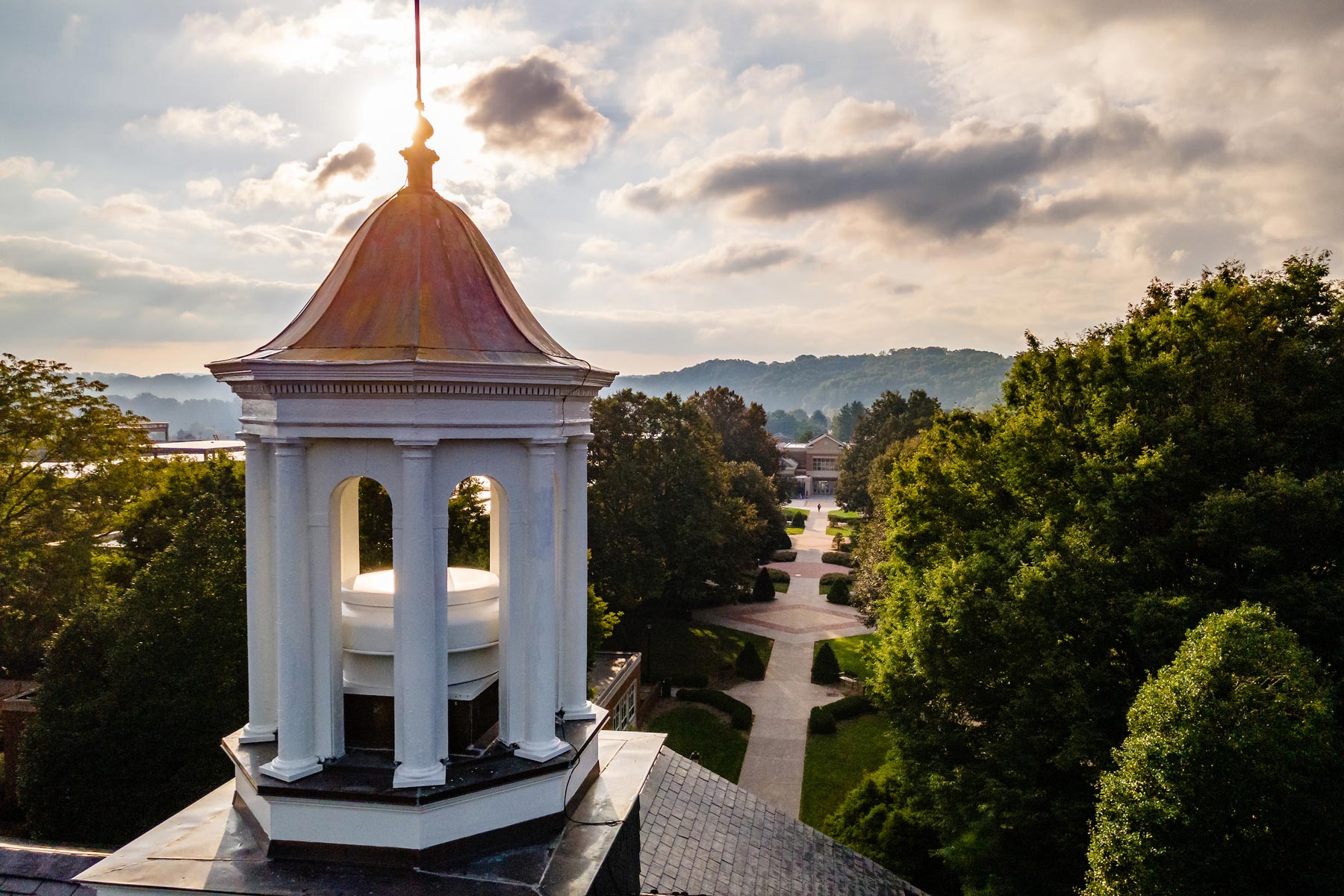 view of whitt hall and governor's quad from drone