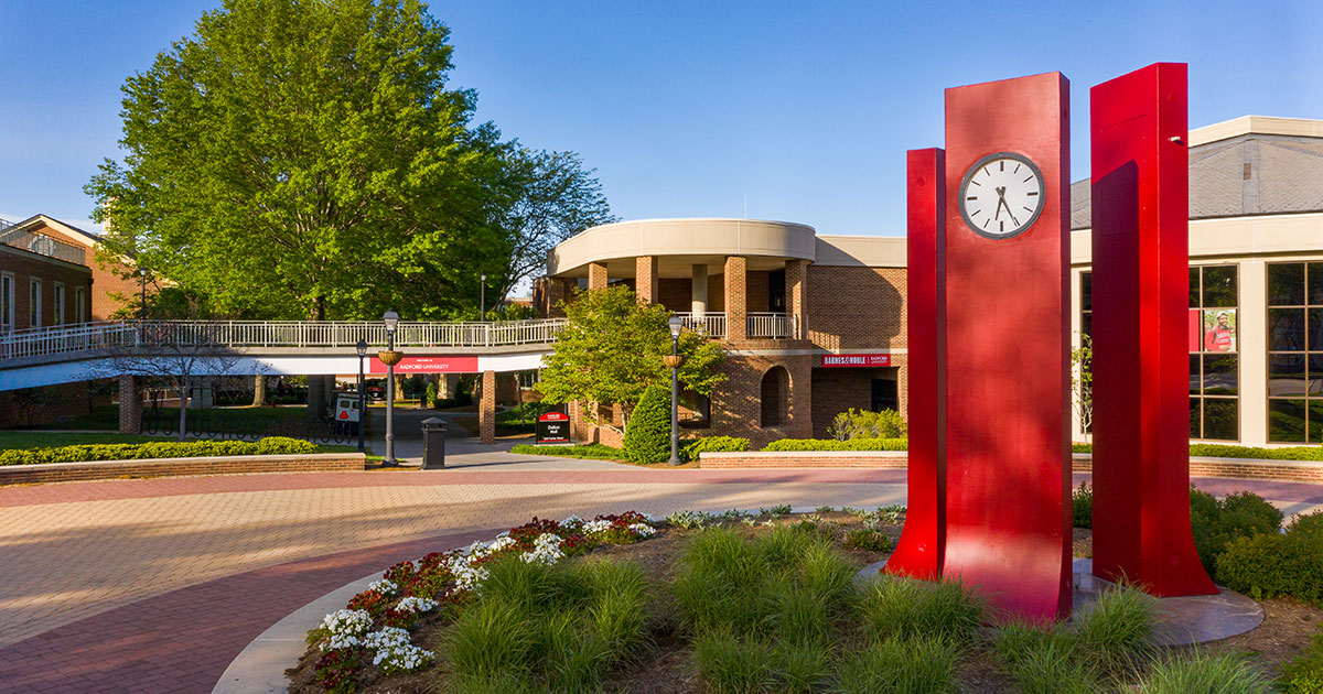 Red clocks on the main Radford University campus
