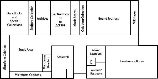 Line map of the layout of McConnell Library's first floor.