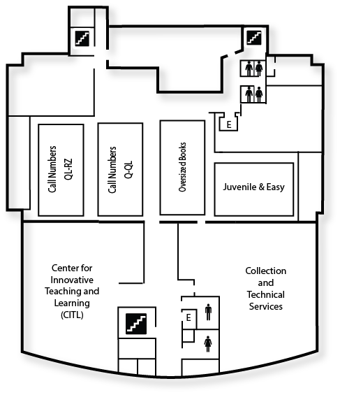 Line map of the layout of McConnell Library's second floor