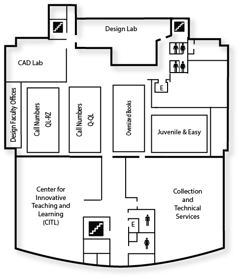 Line map of the layout of McConnell Library's second floor