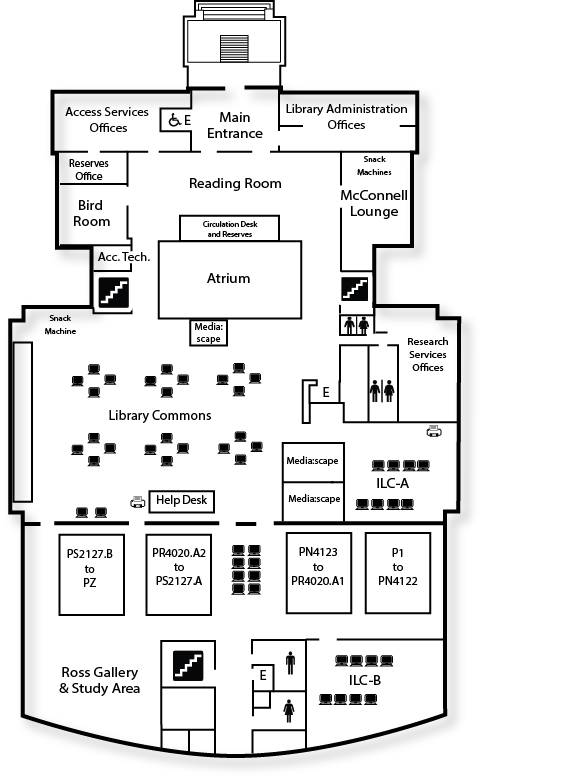 Line map of the layout of McConnell Library's 3rd floor, which is the main floor when entering from the front.