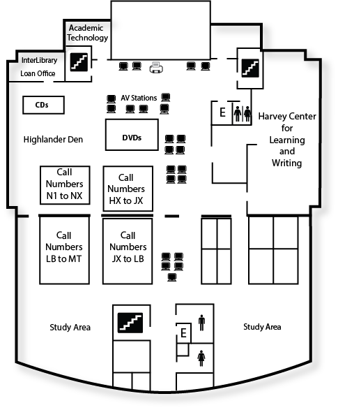 Line map of the layout of McConnell Library's fourth floor.