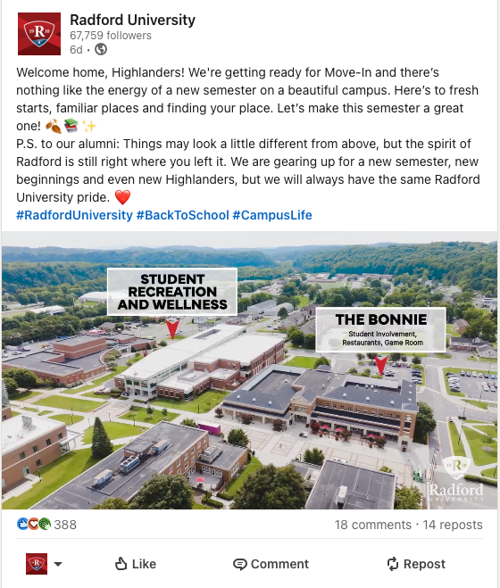 Social media post text: Welcome home, Highlanders! We're getting ready for Move-In and there's nothing like the energy of a new semester on a beautiful campus. Here's to fresh starts, familiar places and finding your place. Let's make this semester a great P.S. to our alumni: Things may look a little different from above, but the spirit of Radford is still right where you left it. We are gearing up for a new semester, new beginnings and even new Highlanders, but we will always have the same Radford University pride.