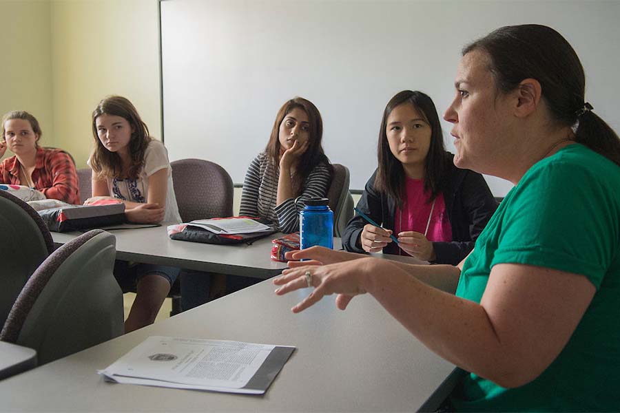 A group of students engage in classroom discussion during a recent Governor's School held on Radford's campus.