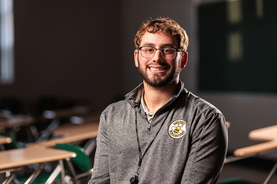 Will Wohlford, a winter graduate who will teach at Fort Chiswell Middle School after graduation, sits in a classroom.