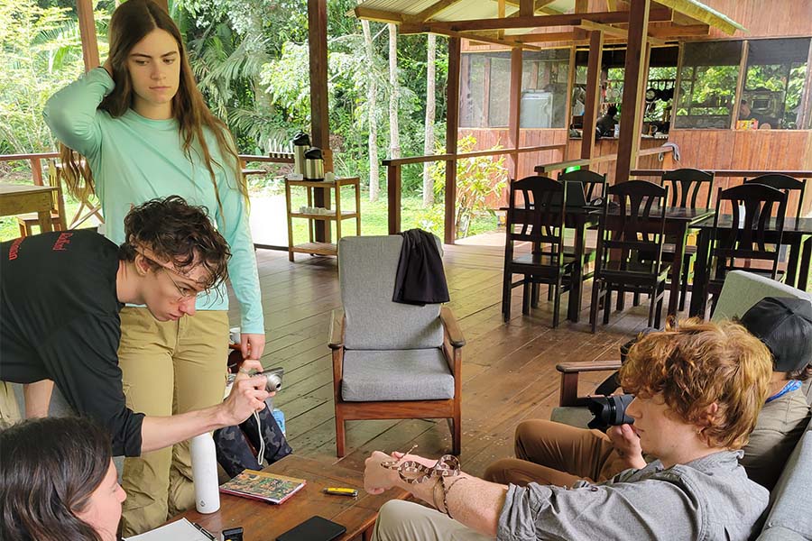 Student researchers visiting the Amazon congregate in a shelter, examining a small snake.