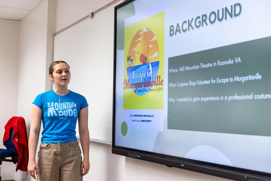 a theater major delivers a presentation about a theater internship she recently undertook