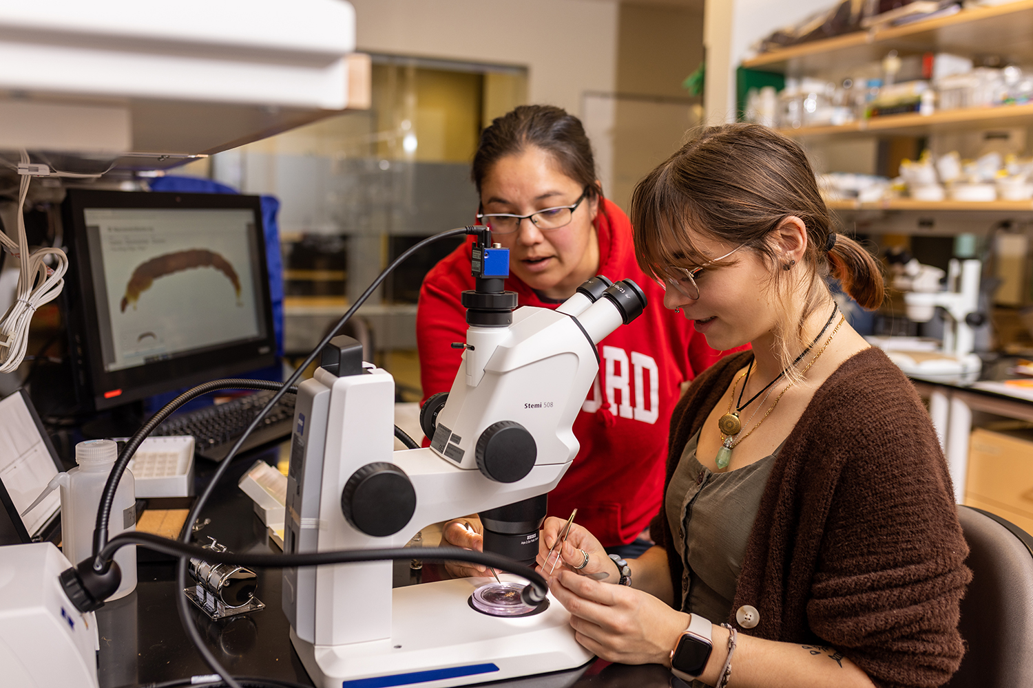 Student and professor looking through a microscope