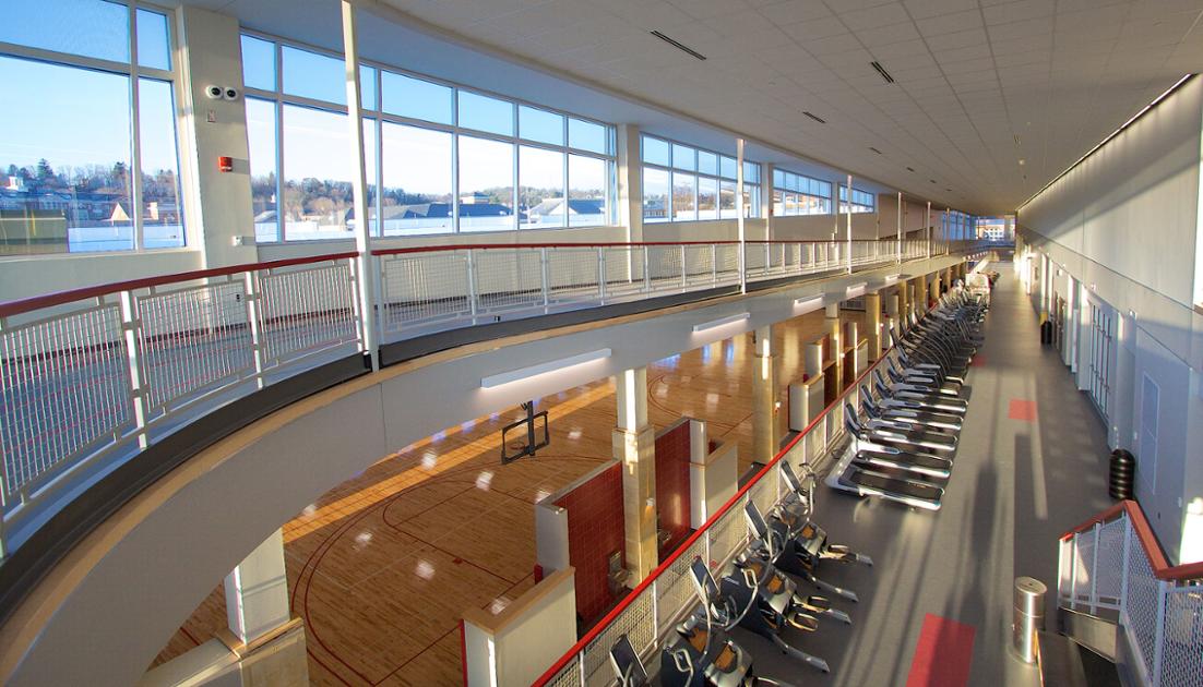 Aerial photo of inside the student recreation and wellness center