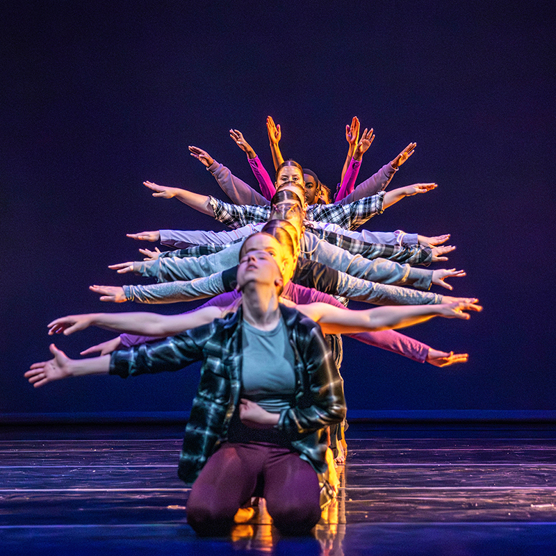 A group of contemporary dancers performs in a layered formation on a dark stage, extending their arms in different directions.